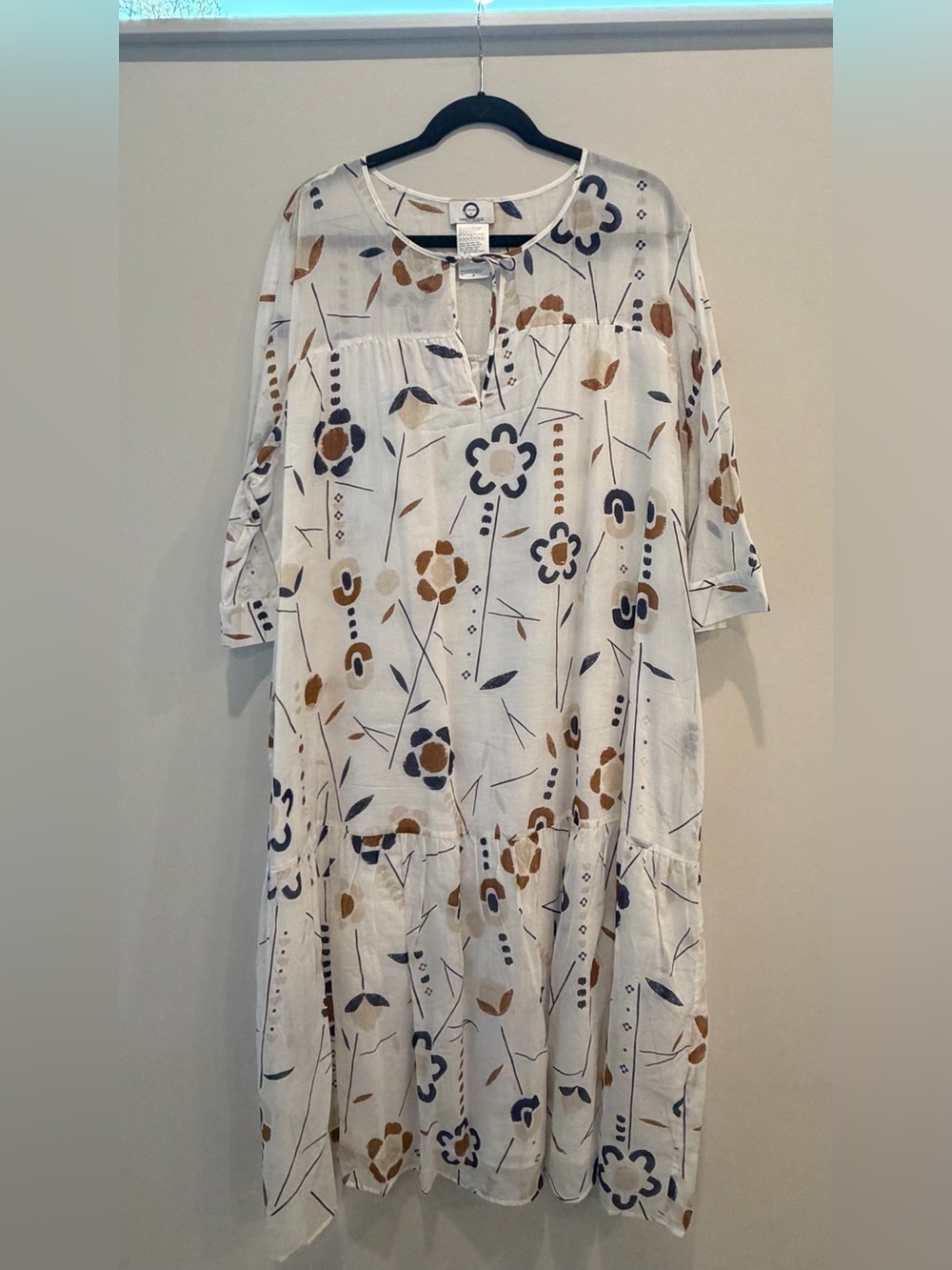 Marina Rinaldi White CottonMidi Dress with Blue and Brown Geometric Floral Print